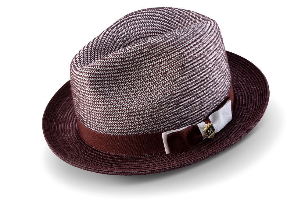 Wine Men's Two Tone Braided Pinch Fedora with Grosgrain Ribbon, showing the crown, brim, and pinch details.