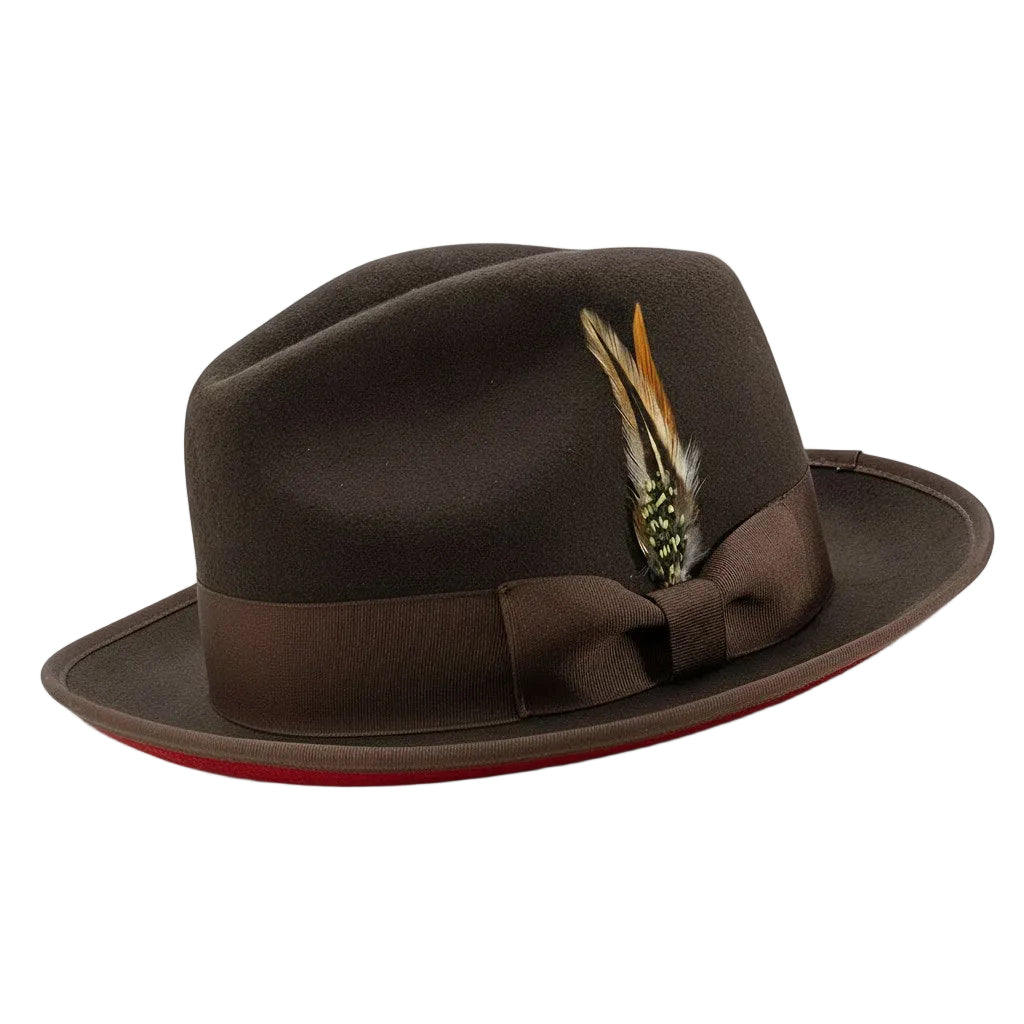 2 ¼" Brim Wool Felt Dress Hat with Feather Accent Brown with Red Bottom
