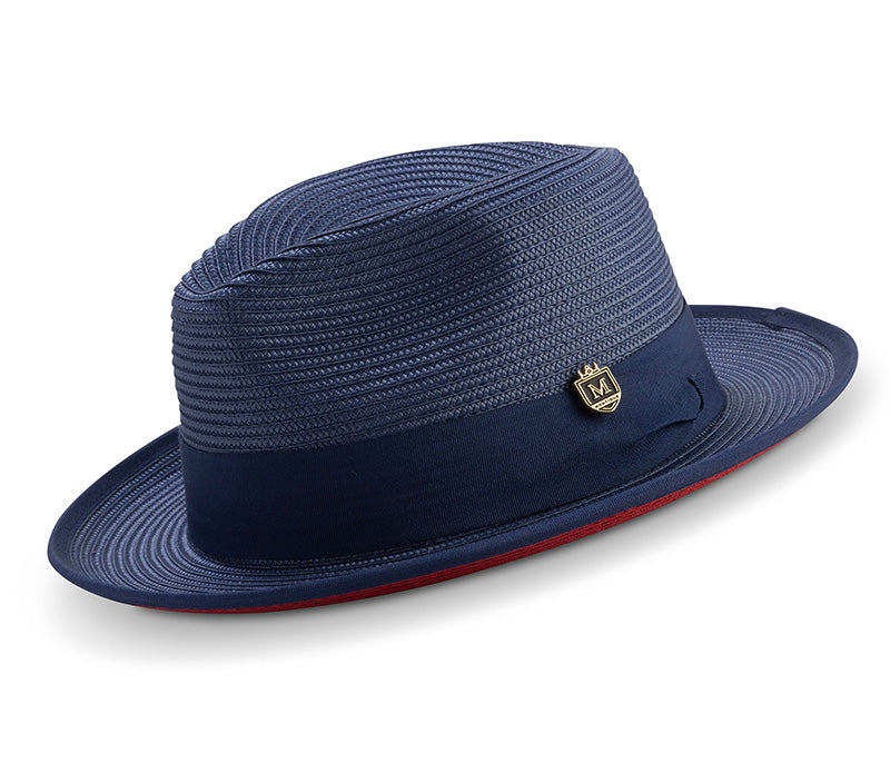 Navy Wide Brim Braided Pinch Fedora Hat with Red Bottom