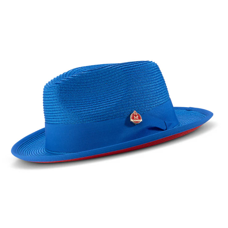 Colbalt Blue Wide Brim Braided Pinch Fedora Hat with Red Bottom