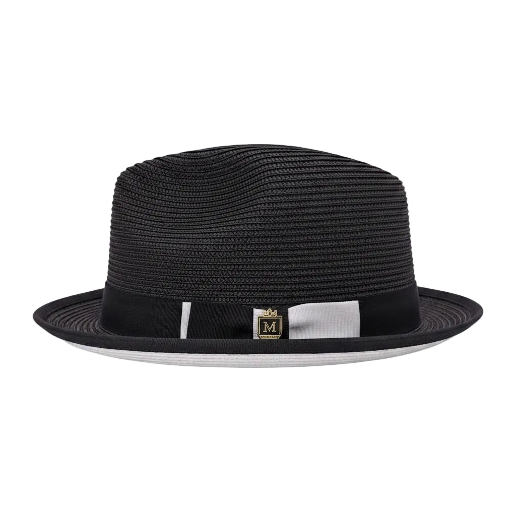 Black hat with a ribbon and logo on a white background