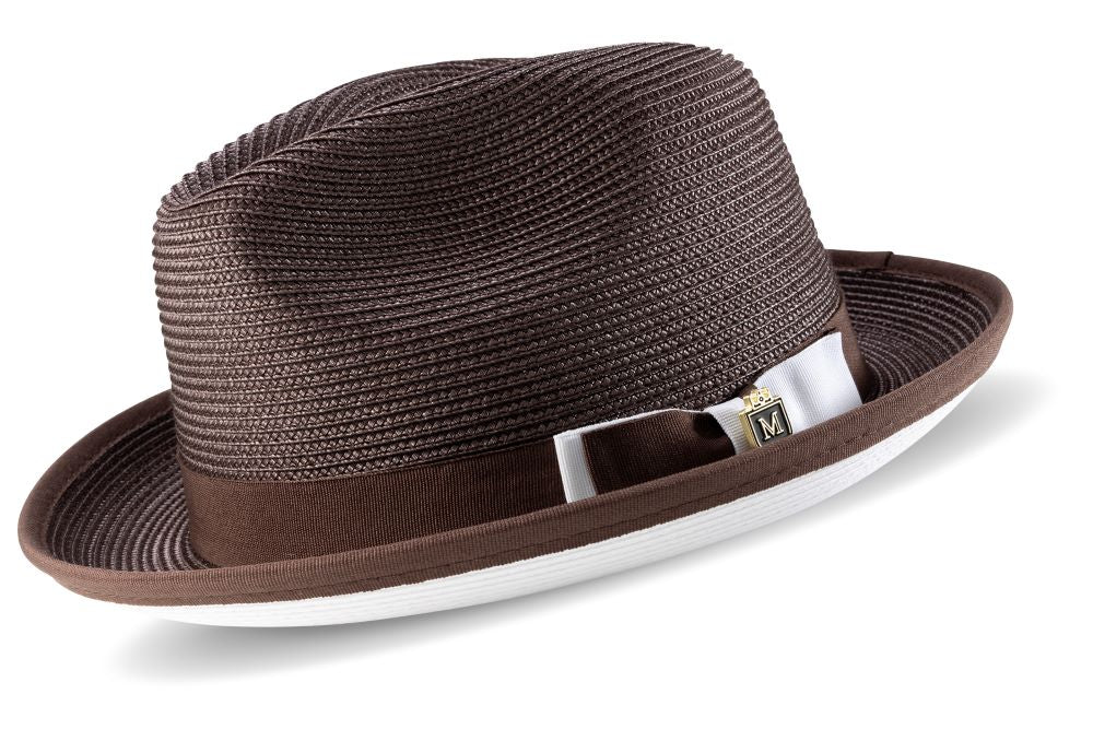 Montique solid Two Tone Ribbon Stingy Brim Pinch Braided Fedora hat, brown with white bottom.