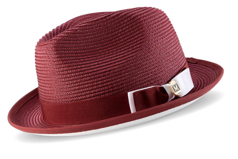 A Montique Stingy Brim Pinch Braided Fedora in solid burgundy with a two-tone ribbon and white bottom.
