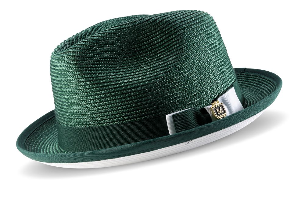 Montique solid Two Tone Ribbon Stingy Brim Pinch Braided Fedora in emerald with a white bottom.