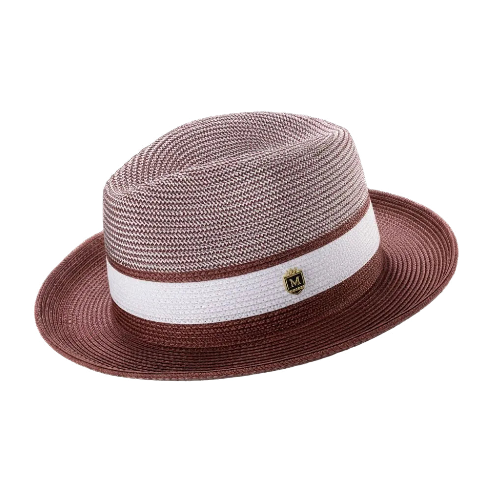 Burgundy Two Tone Braided Pinch Fedora With White Ribbon