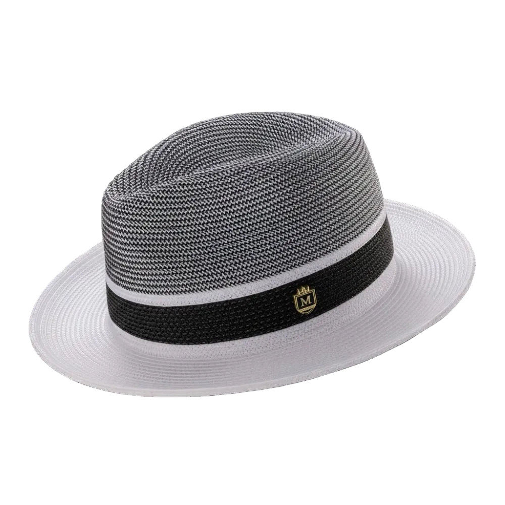 White Two Tone Braided Pinch Fedora With Black Ribbon