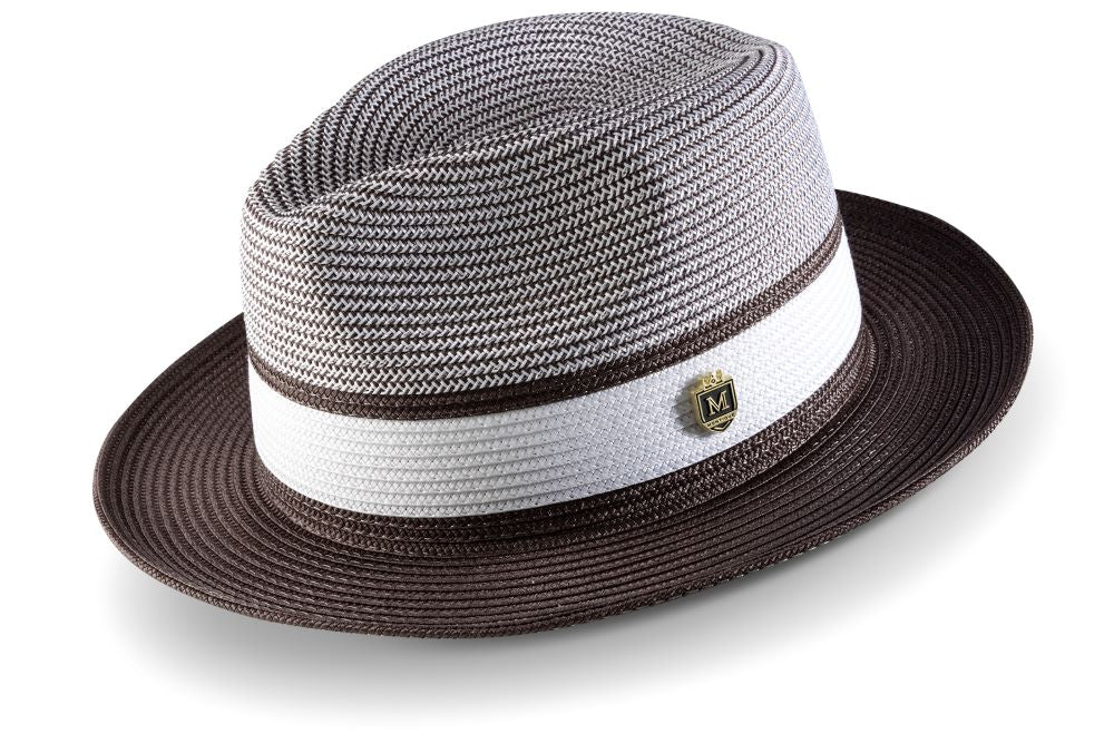 Montique solid brown two-tone braided pinch fedora hat with a white ribbon.