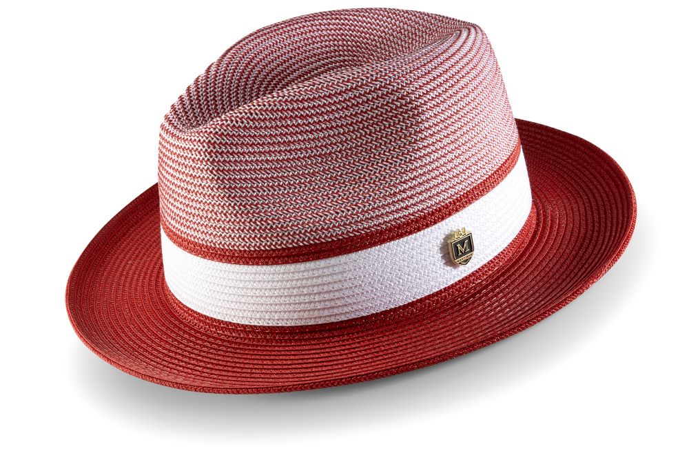 Fedora Pinch trenzado de dos tonos carmesí con cinta blanca