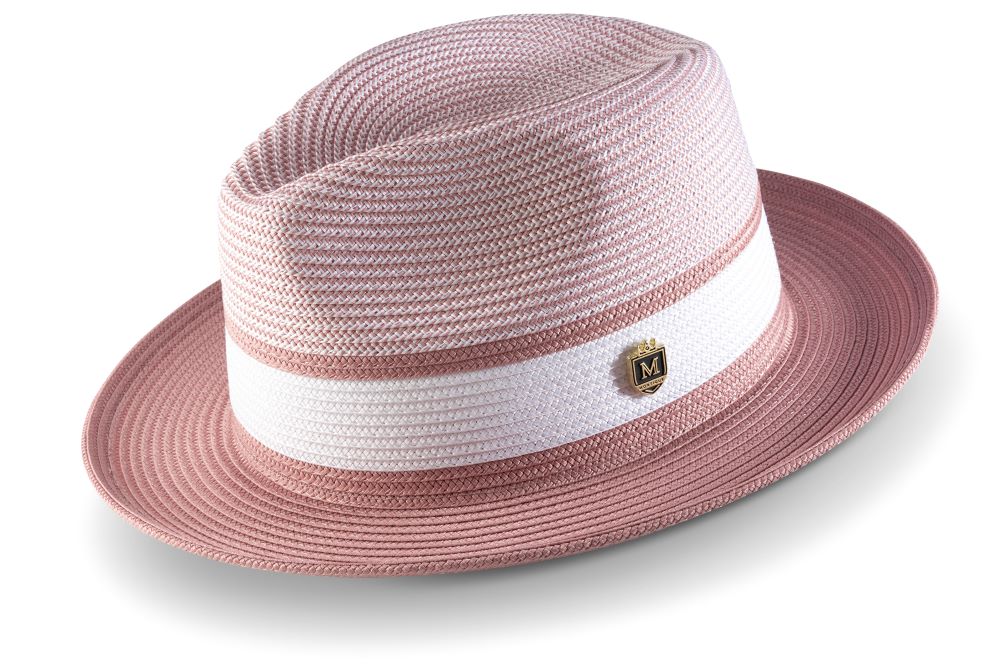 Solid Montique Rose Two Tone braided Pinch Fedora hat with a pinched crown and white ribbon band.