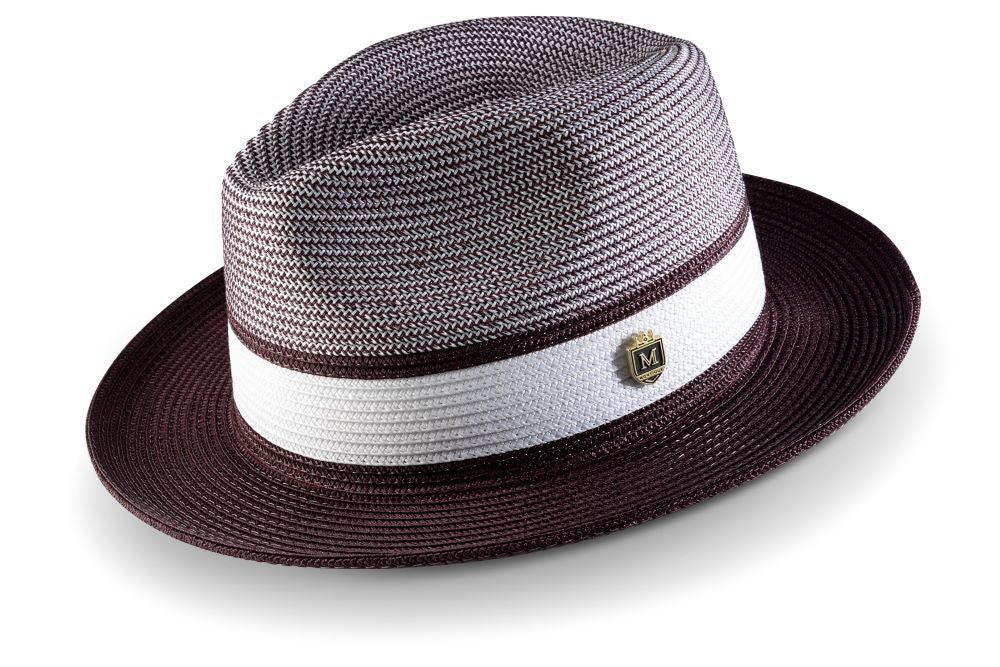 Wine Two Tone Braided Pinch Fedora With White Ribbon