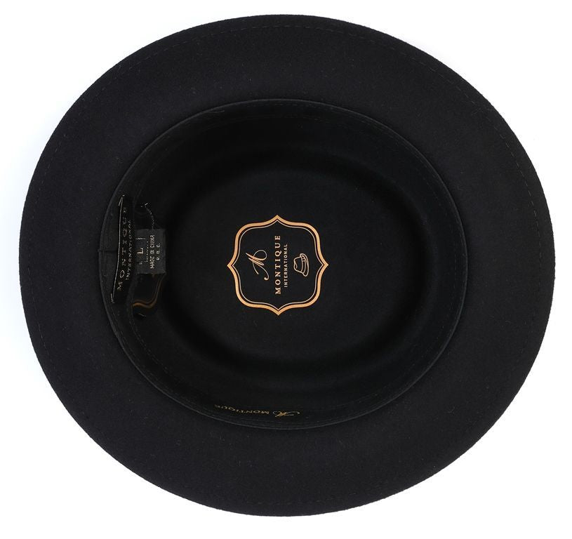 Montique black pork pie fedora with elegant feather accents. Luxury style for refined taste.