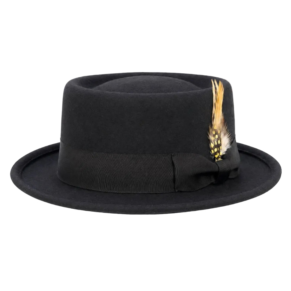 Black Pork Pie Felt Fedora with Feather Accents