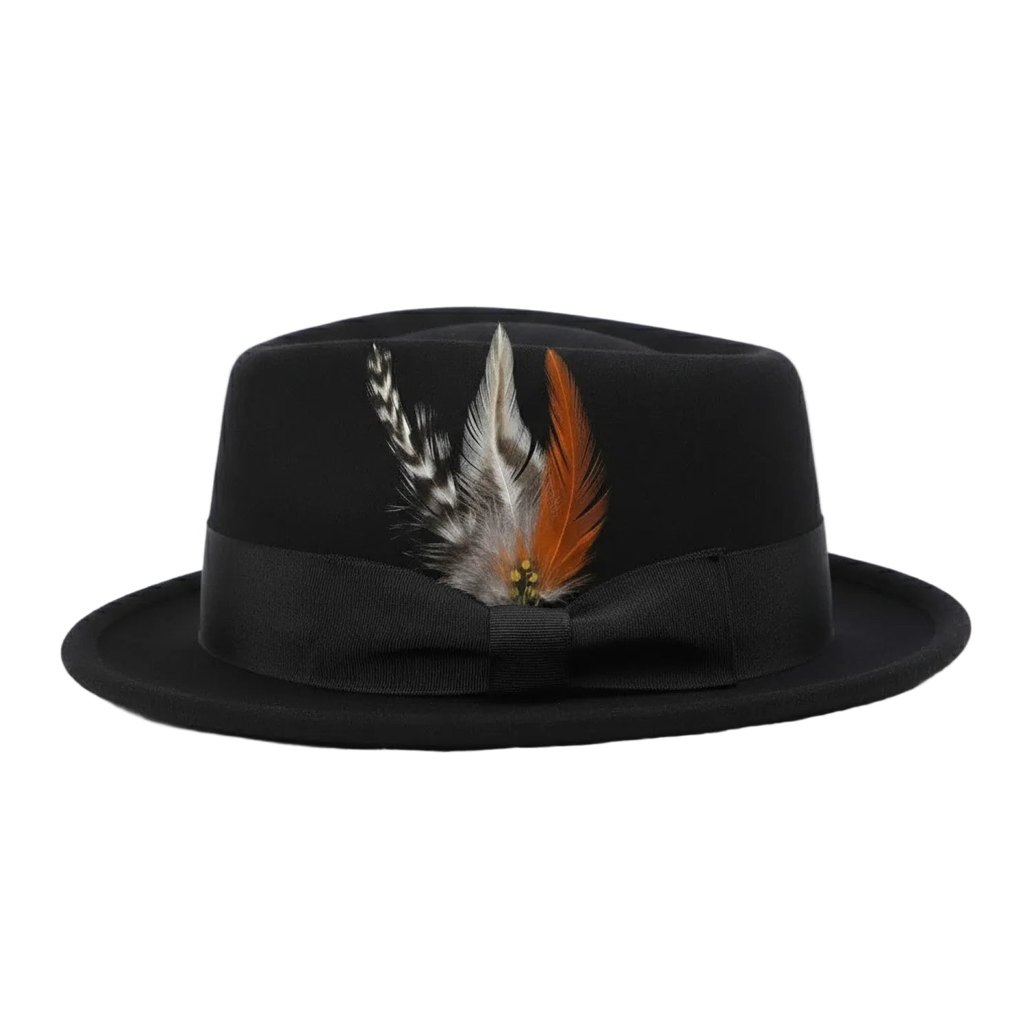 Black Pork Pie Fedora with Feather Accents