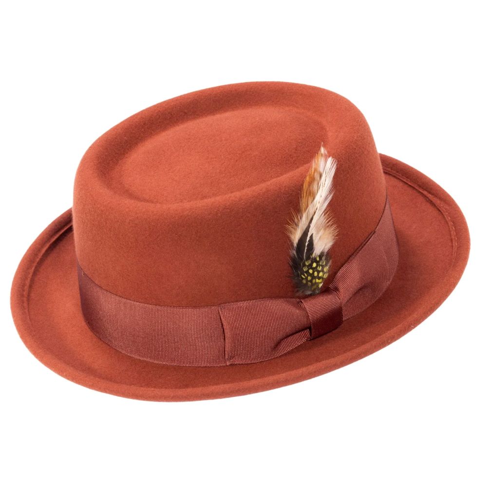 Cognac Pork Pie Fedora with Feather Accents