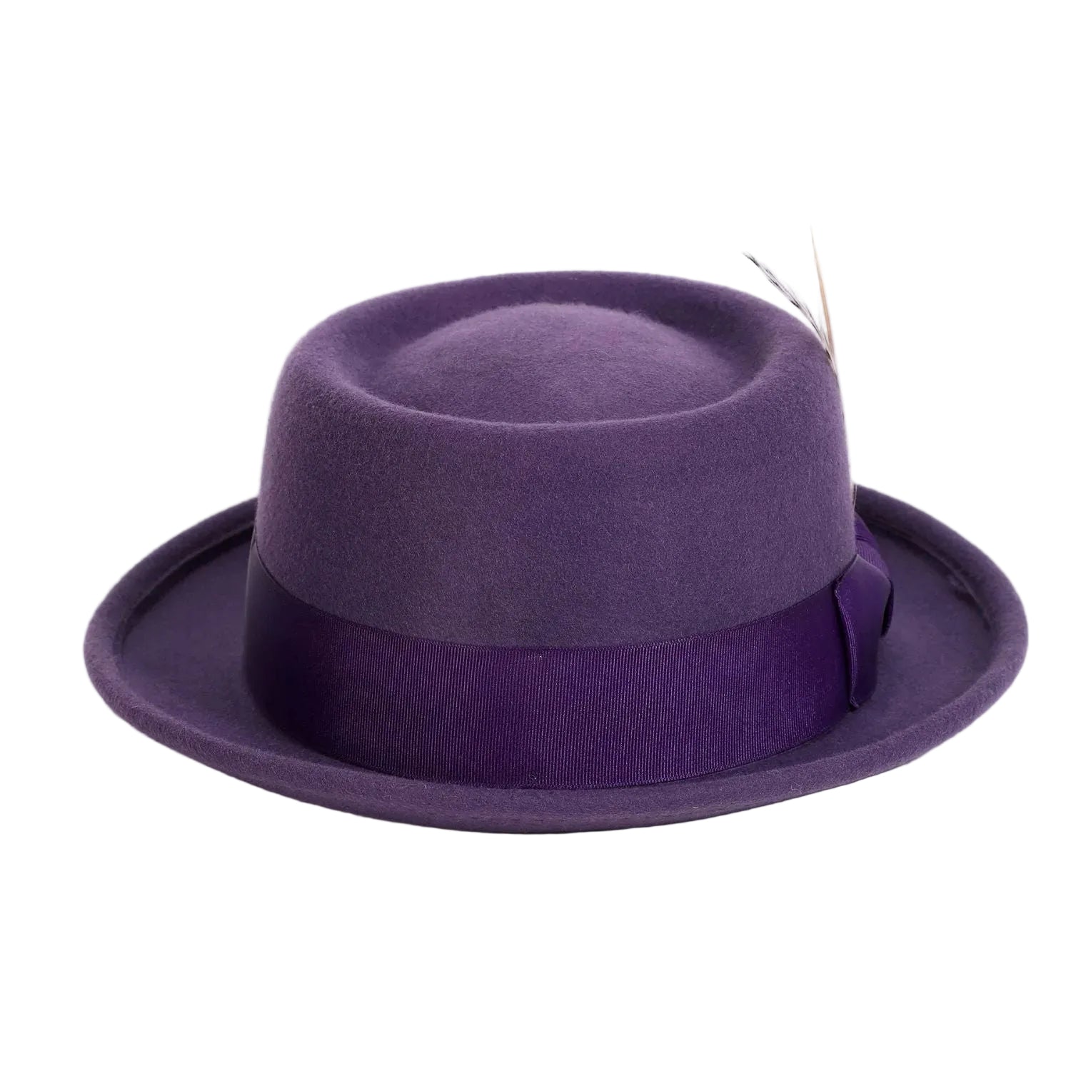 Purple fedora hat with a band on a white background