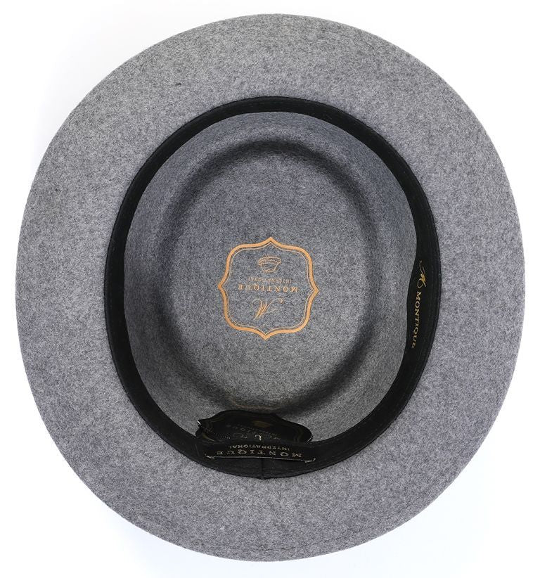 Premium MONTIQUE gray pork pie fedora, featuring stylish feather accents for the discerning gentleman.