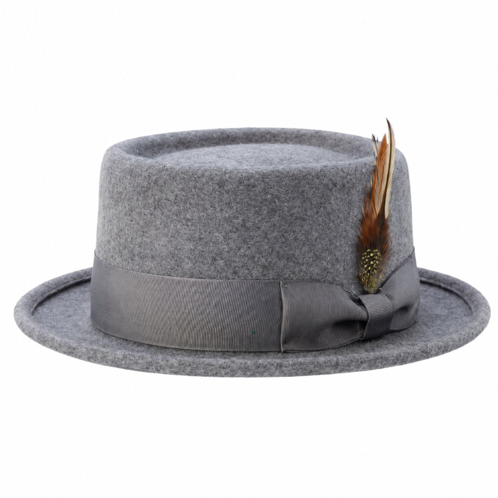 Gray pork pie felt fedora with feather accents