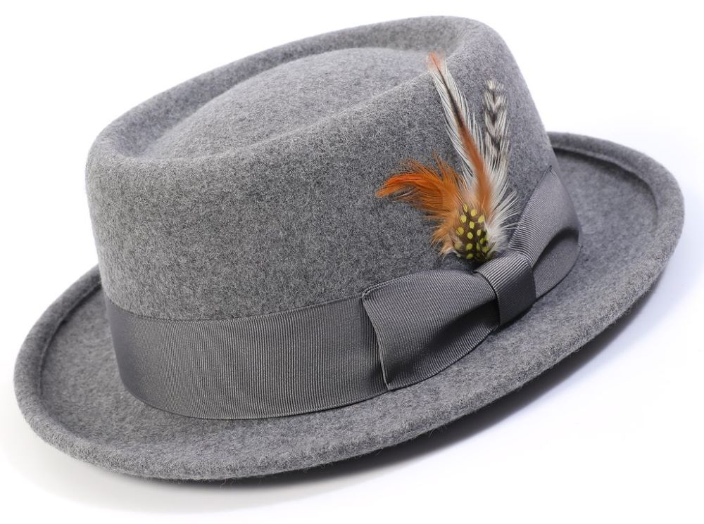 Gray Wide Brim Fedora with Feather Accents