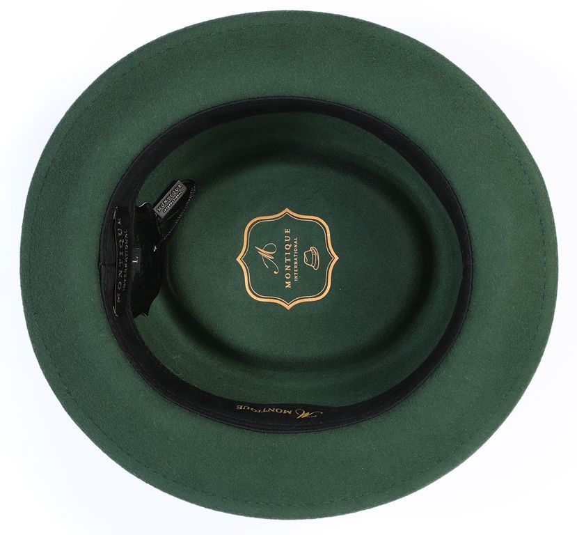 Montique Hunter green Pork Pie Fedora hat, featuring refined feather accents. Premium men's headwear.
