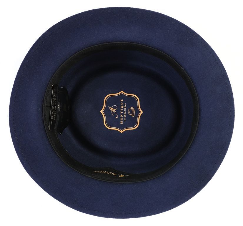 Sophisticated Montique Navy Pork Pie Fedora hat for men, featuring refined feather accents. Fine craftsmanship.