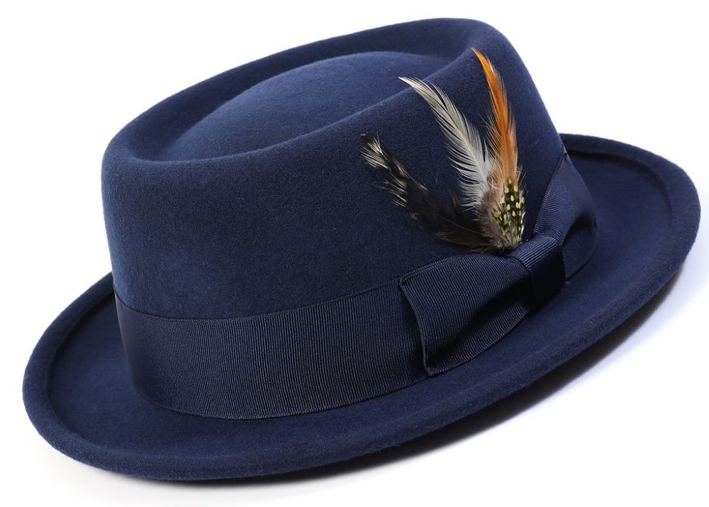 Navy Wide Brim Fedora with Feather Accents