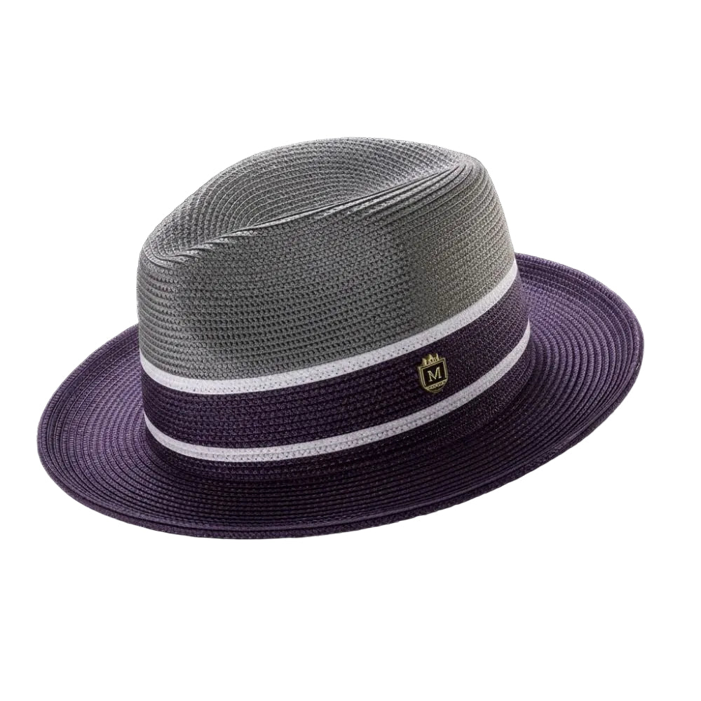 Two Tone Braided Pinch Fedora With Ribbon - Gray/Purple