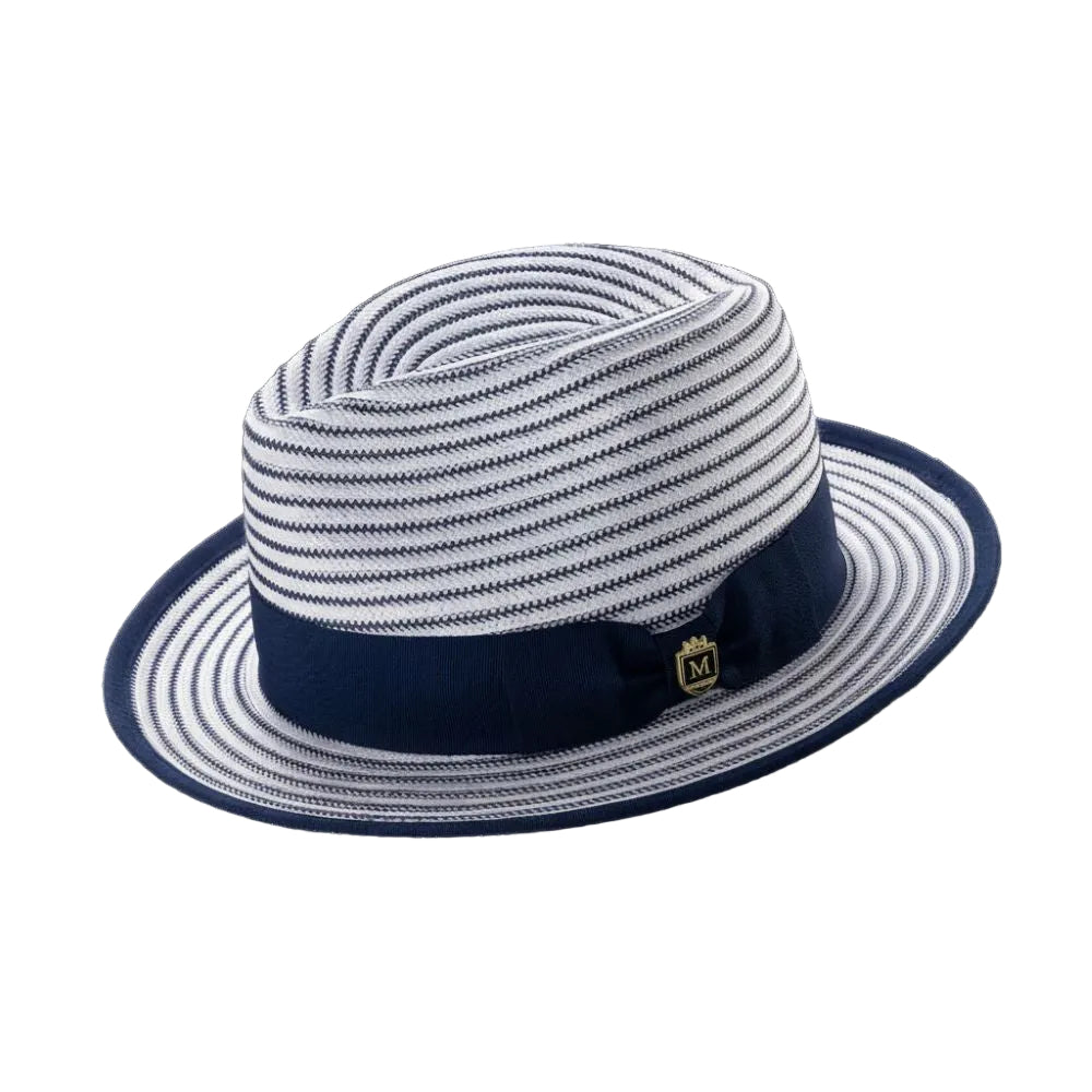 Men's Striped Braided Fedora With Solid Ribbon - Navy/White