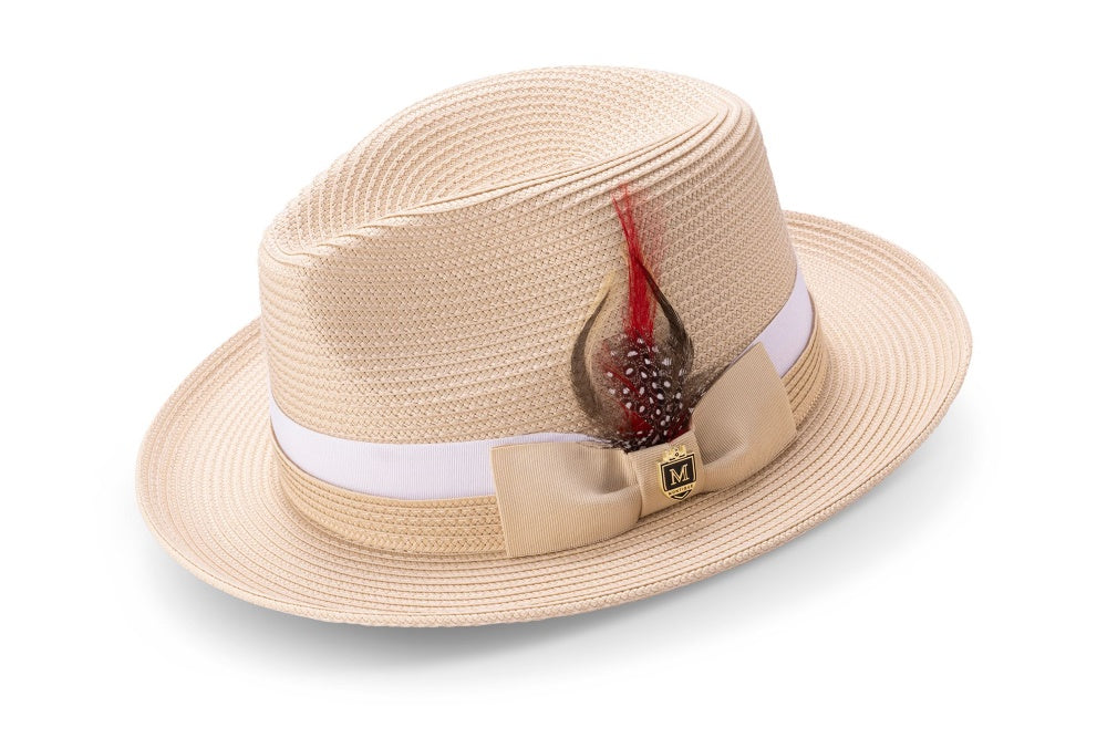 Elegant Montique men's beige solid braided fedora with a stylish white ribbon.