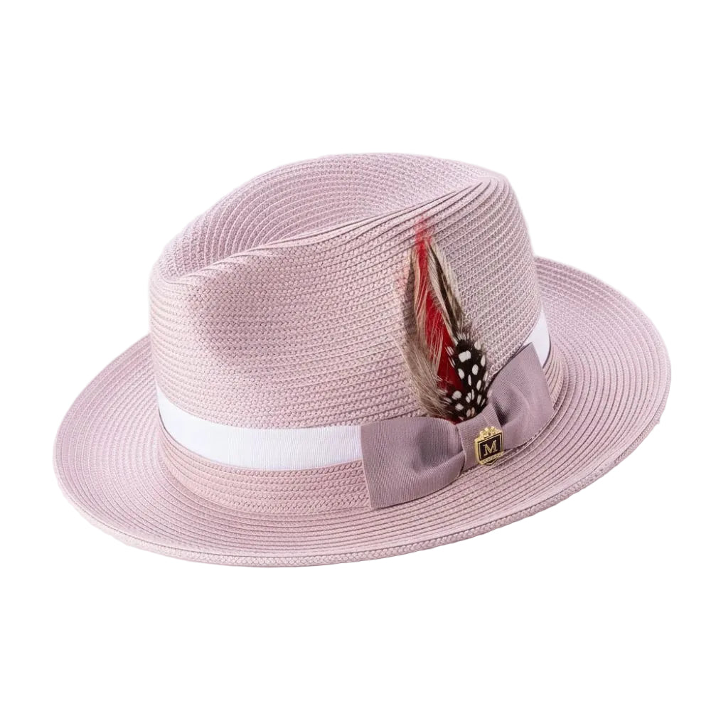 Men's Peach Solid Braided Fedora With White Ribbon