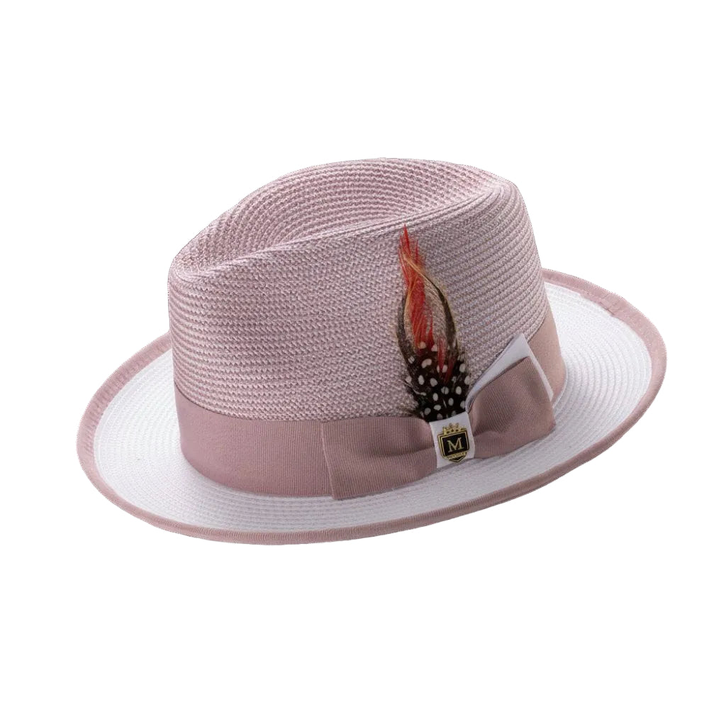 Men’s Two-Tone Braided Fedora Hat With Ribbon - Blush/White