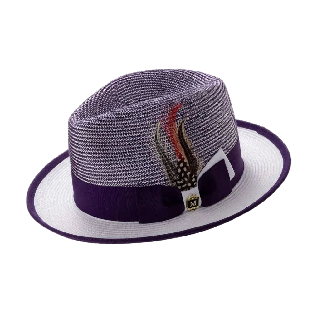 Men’s Two-Tone Braided Fedora Hat With Ribbon - Purple/White