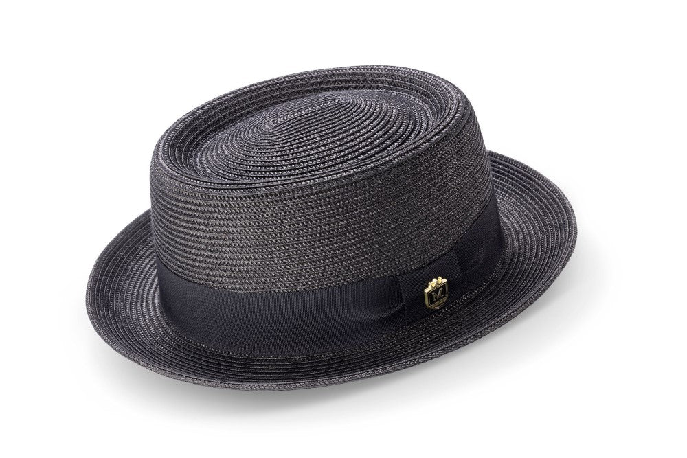 Solid black Montique Men's Braided Hat, Pork Pie style, showing its flat crown and rolled brim.
