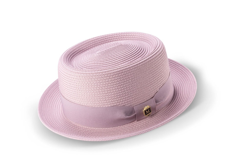 MONTIQUE men's luxurious braided pork pie hat in a distinctive mauve color.
