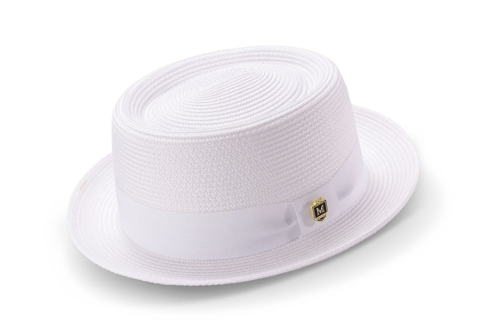 Solid white Montique Men's Braided Hat, Pork Pie Style.