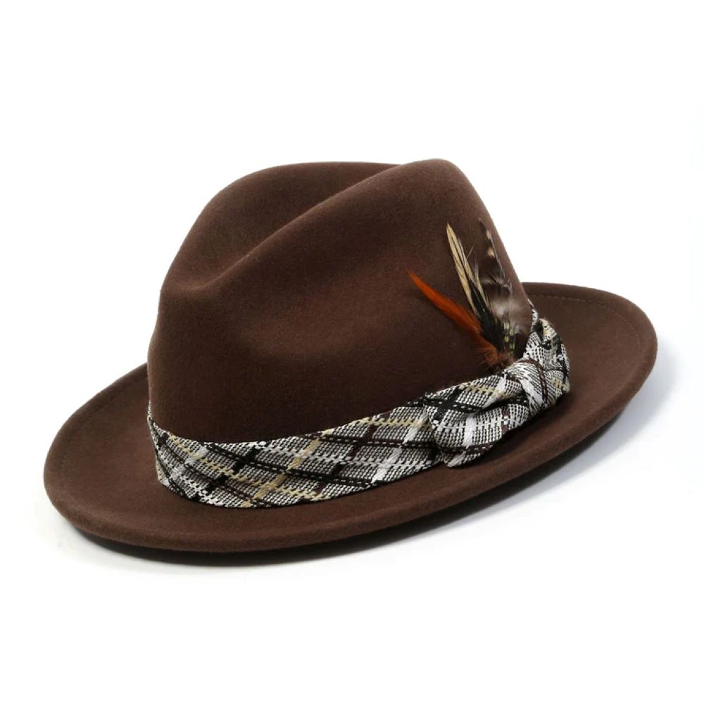 Solid brown wool felt fedora hat with a 2½-inch brim.
