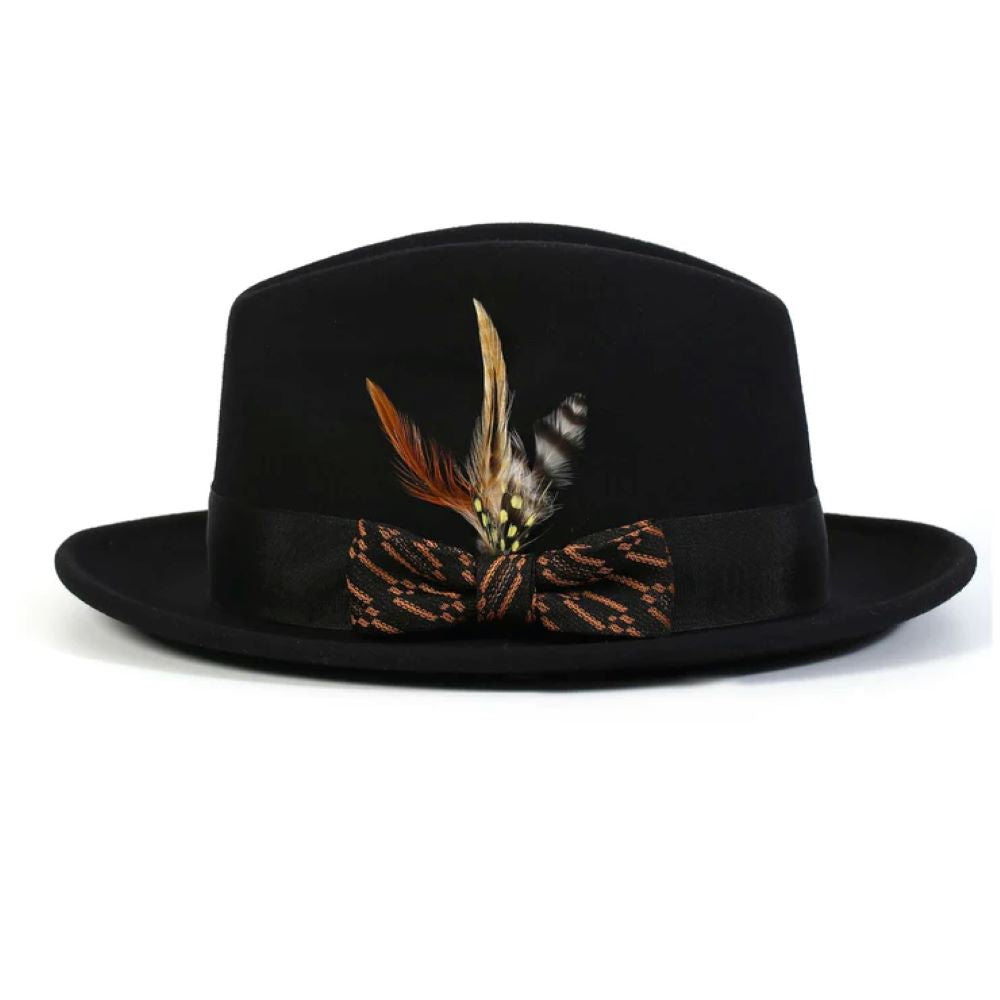 Montique solid Black Wool Felt Fedora Hat with Cognac Ribbon and 2½ inch brim.