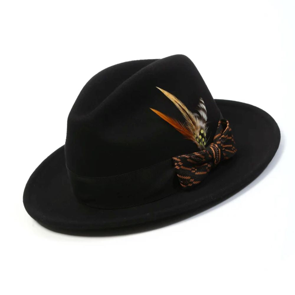 Black Wool Felt Fedora Hat with Cognac Ribbon 2½ Brim