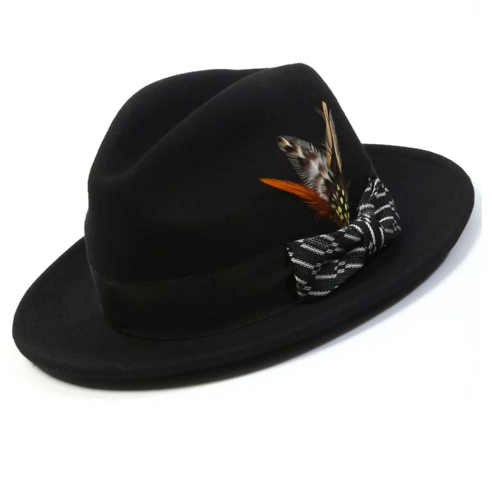 Black Wool Felt Fedora Hat with White Ribbon 2½ Brim