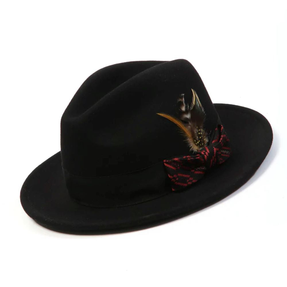Black Wool Felt Fedora Hat with Rust Ribbon 2½ Brim