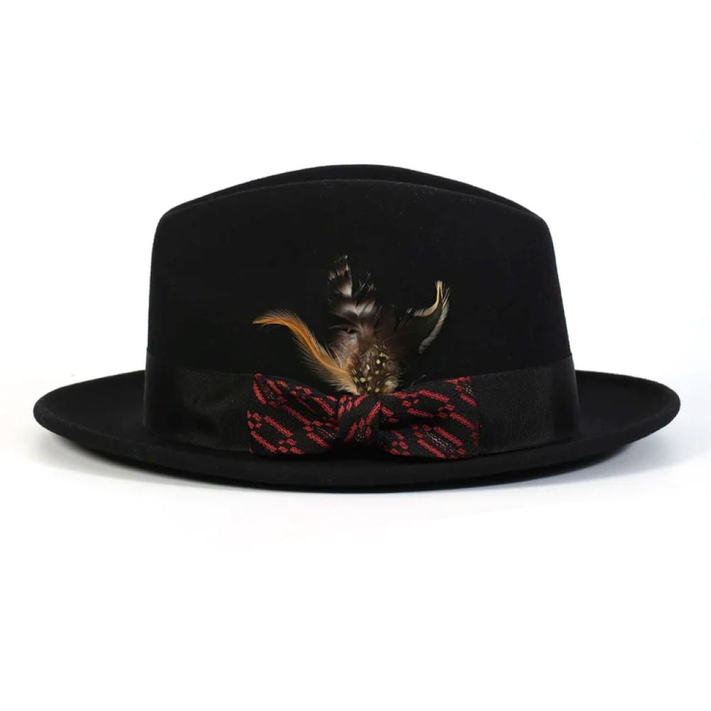 Black Wool Felt Fedora Hat with Rust Ribbon 2½ Brim