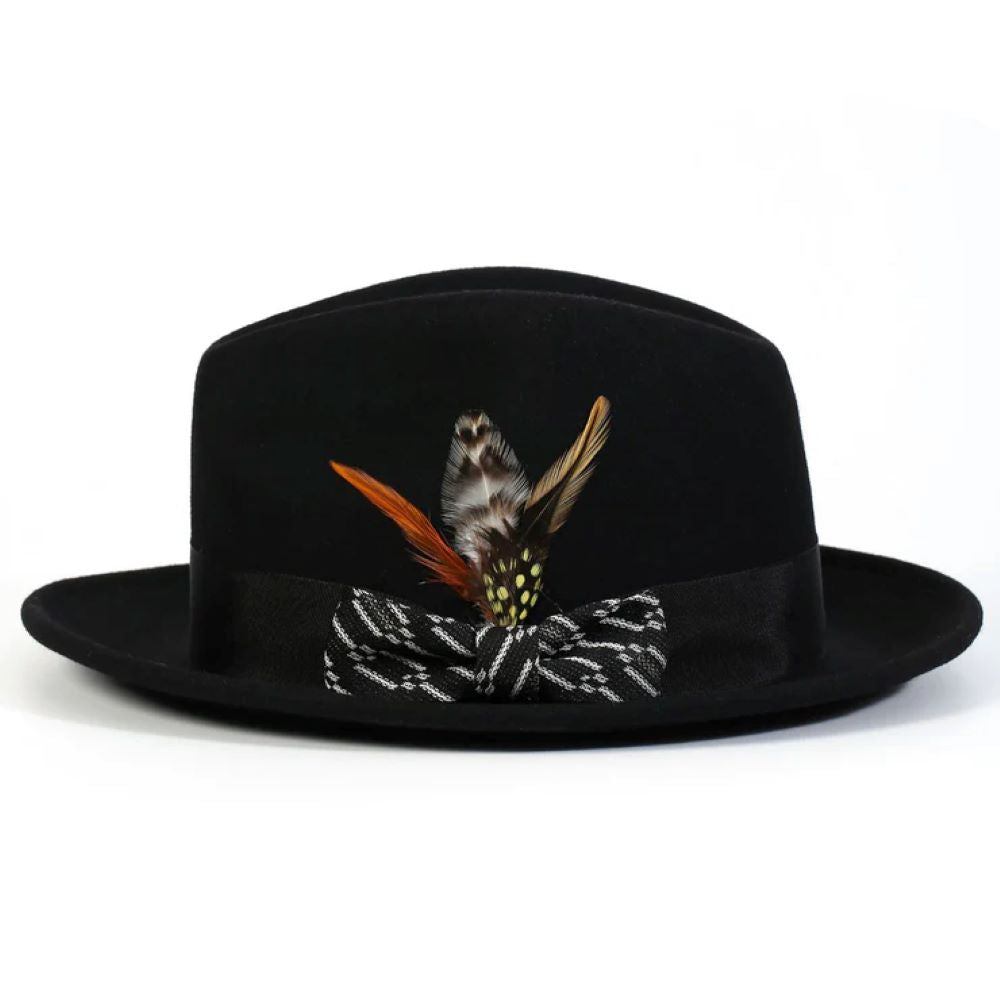 Solid black wool felt fedora hat featuring a white ribbon and a 2½ inch brim.