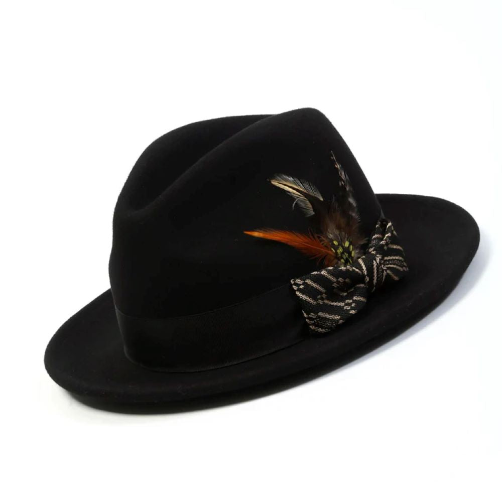 Black Wool Felt Fedora Hat with Beige Ribbon 2½ Brim