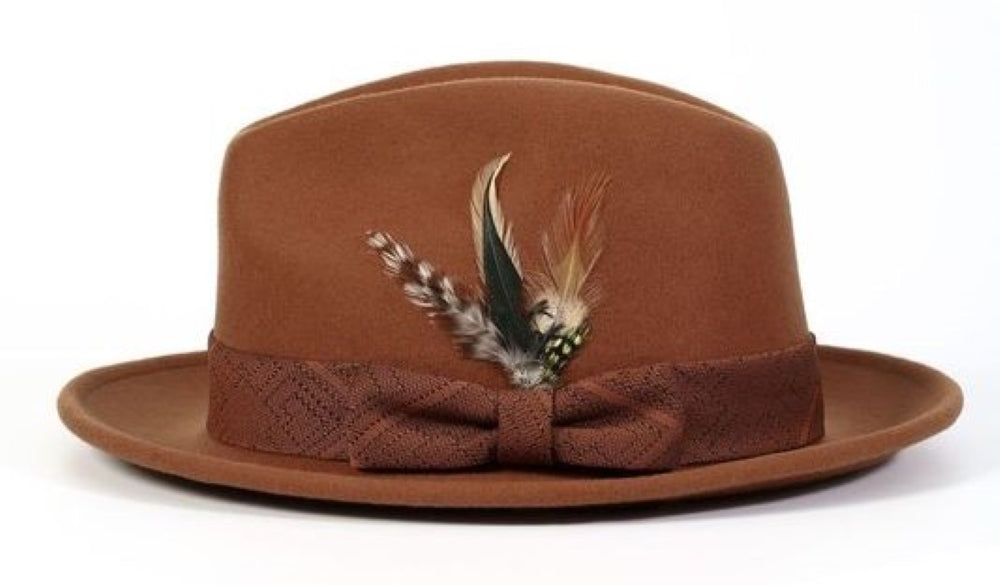 Solid cognac wool felt dress hat with feather accent, displaying its crown, brim, and hatband.