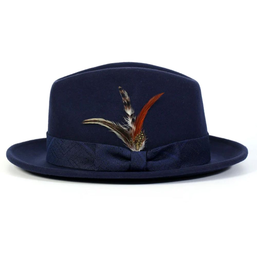 Solid Montique Navy Wool Felt Dress Hat, detailed with a feather accent.