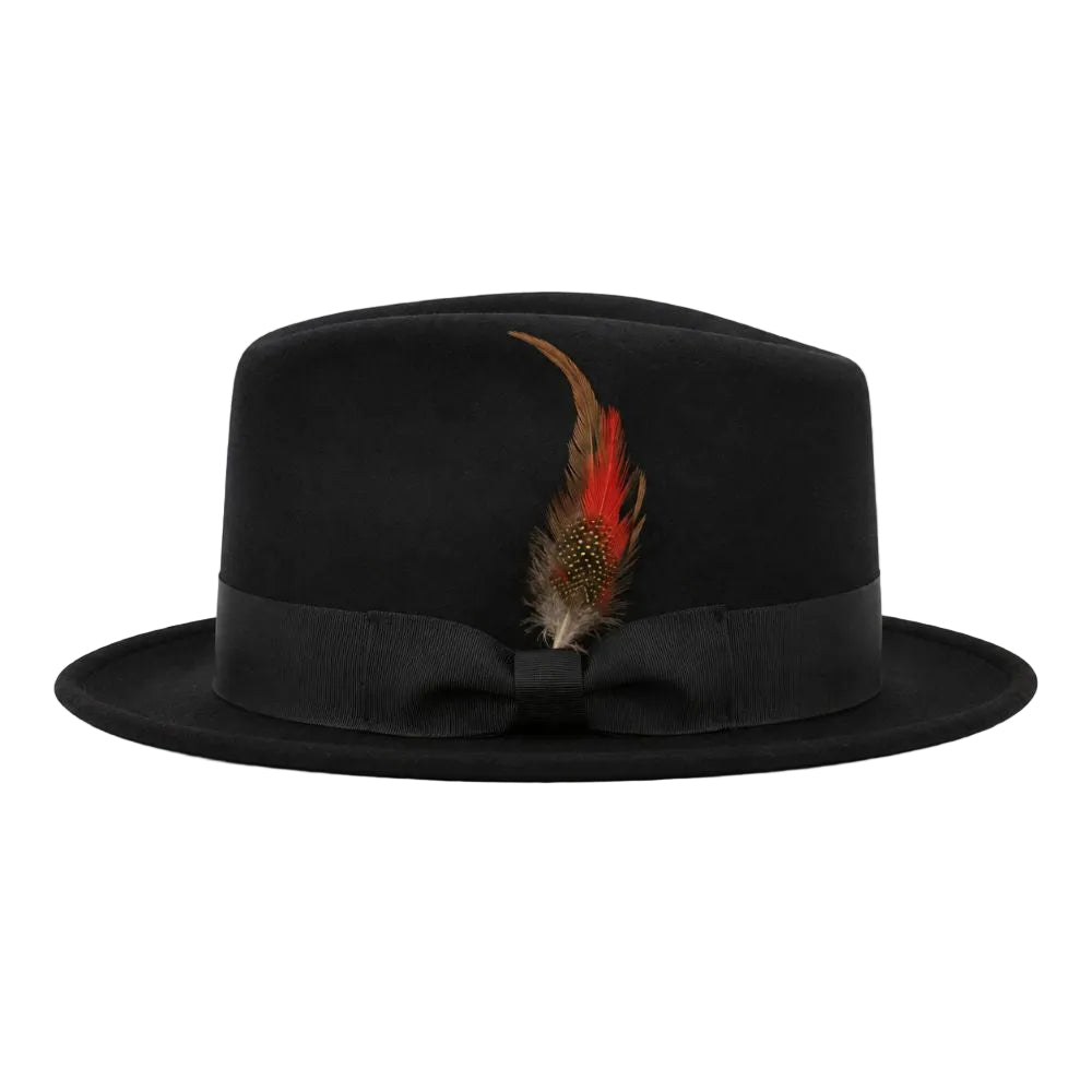 A black felt fedora hat with a matching black ribbon band and bow, decorated with a brown and red feather, shown against a plain white background.