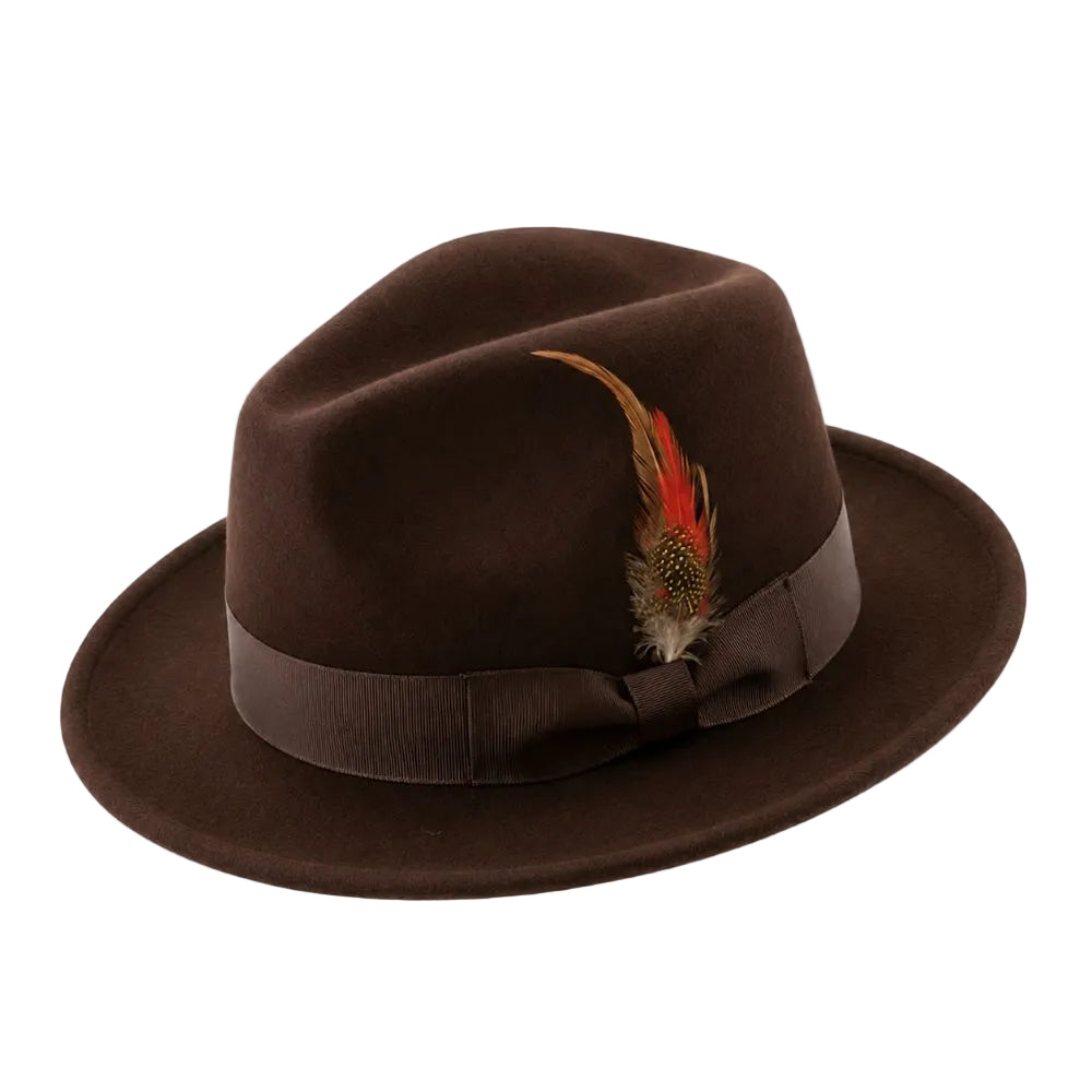 Brooklyn Collection - Wool Felt Crushable Fedora with Feather Accent in Brown