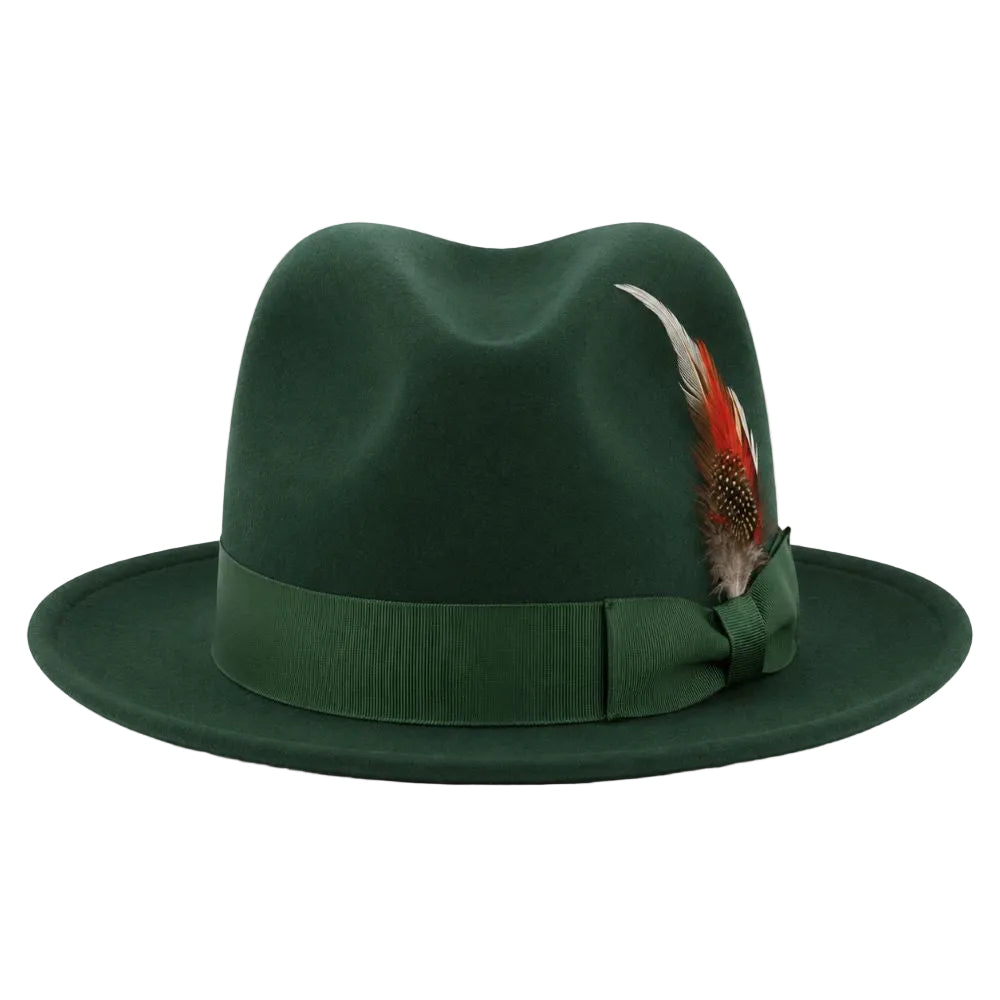 A dark green felt fedora hat with a matching green ribbon band and bow, decorated with a red, white, and brown feather, shown against a plain white background.