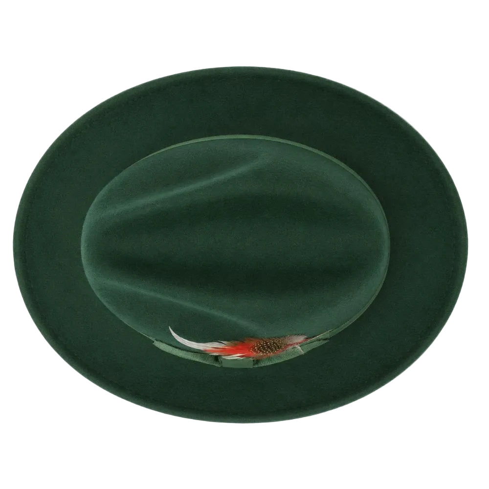 A dark green felt hat with a small embroidered pheasant bird motif near the front, shown from a top-down view on a white background.