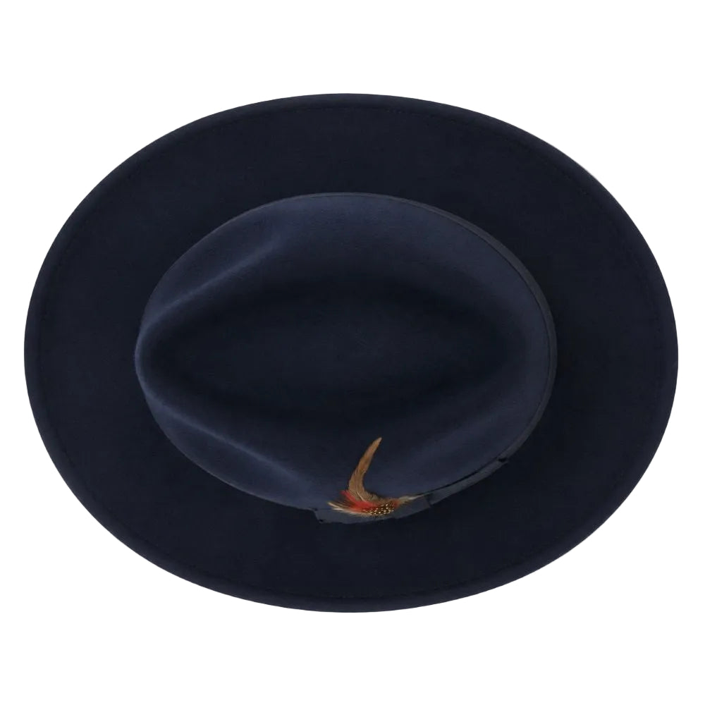 A dark navy blue fedora hat with a small orange and gold feather accent on the side, photographed from a top-down view against a plain white background.