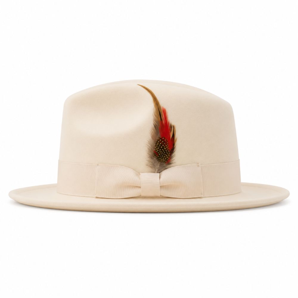 A cream-colored fedora hat with a matching satin bow on the crown and a decorative feather accent, shown against a plain white background.